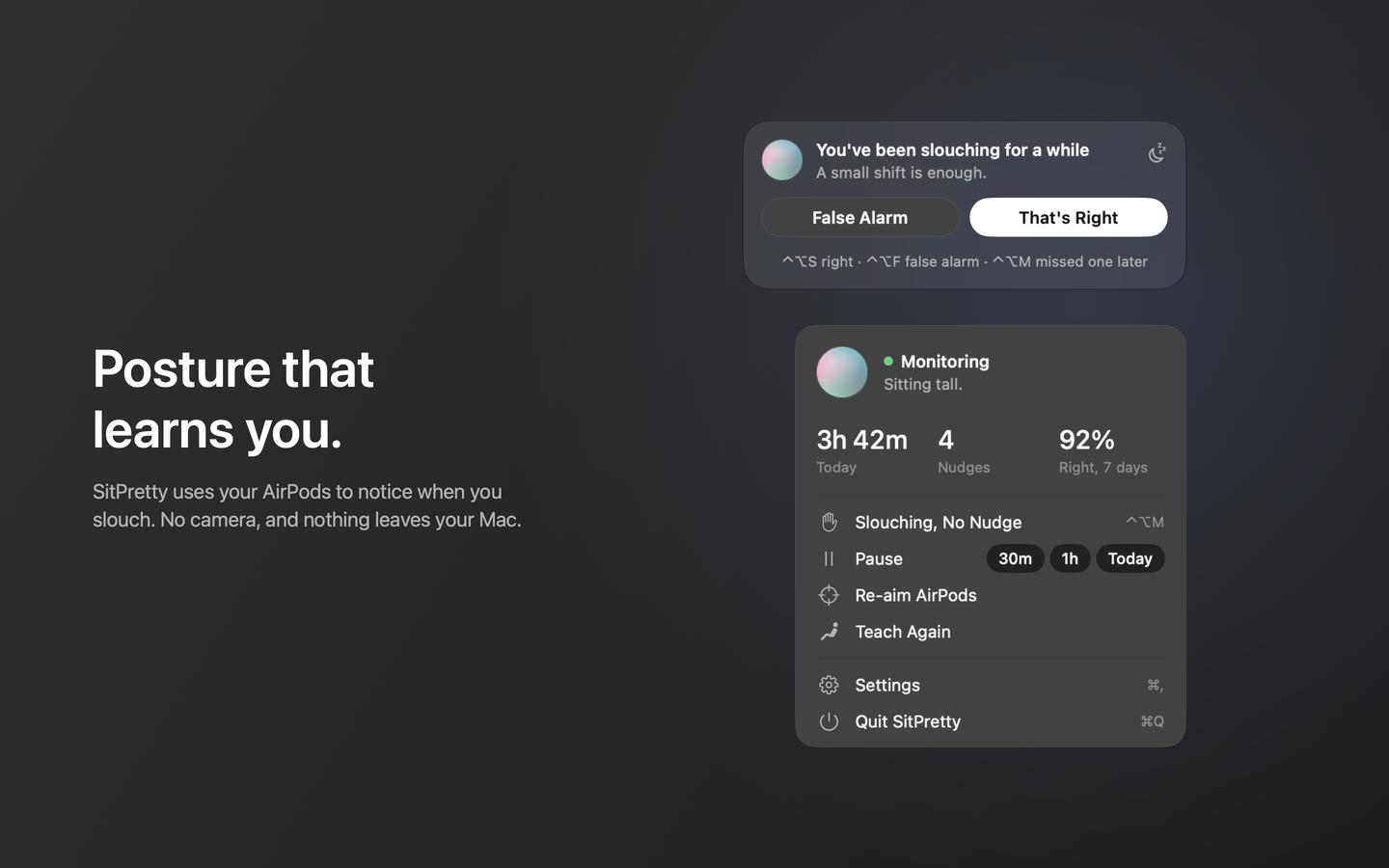 SitPretty's menu bar panel showing Monitoring, today's numbers, and a nudge card above it